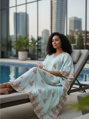 NWOT Sundance Light Seafoam Blue Caftan with Floral Print - Size Small